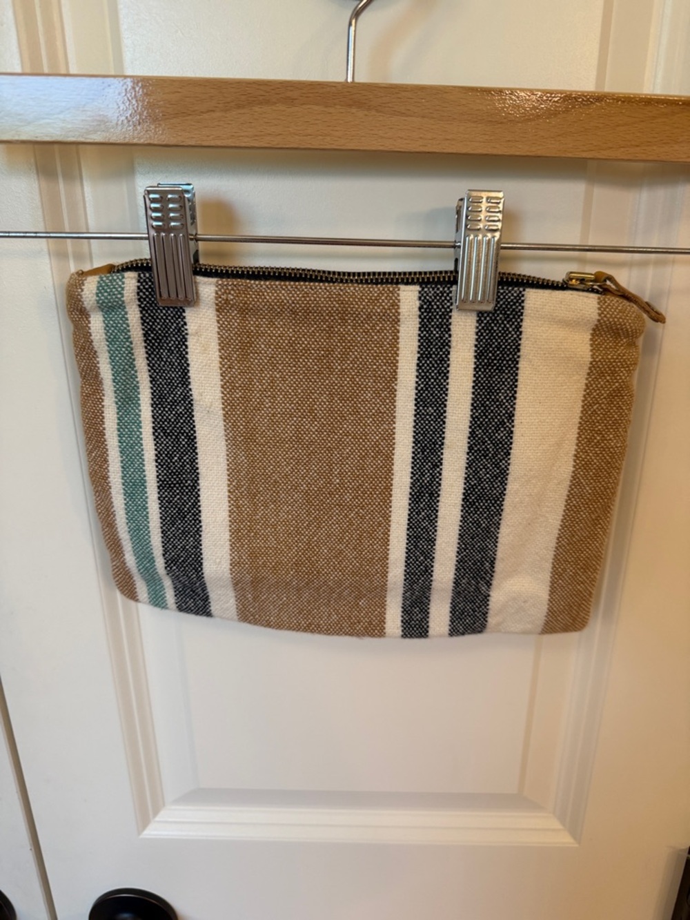 Striped linen Zip Pouch bag Ceri Hoover Tan, Cream & Black